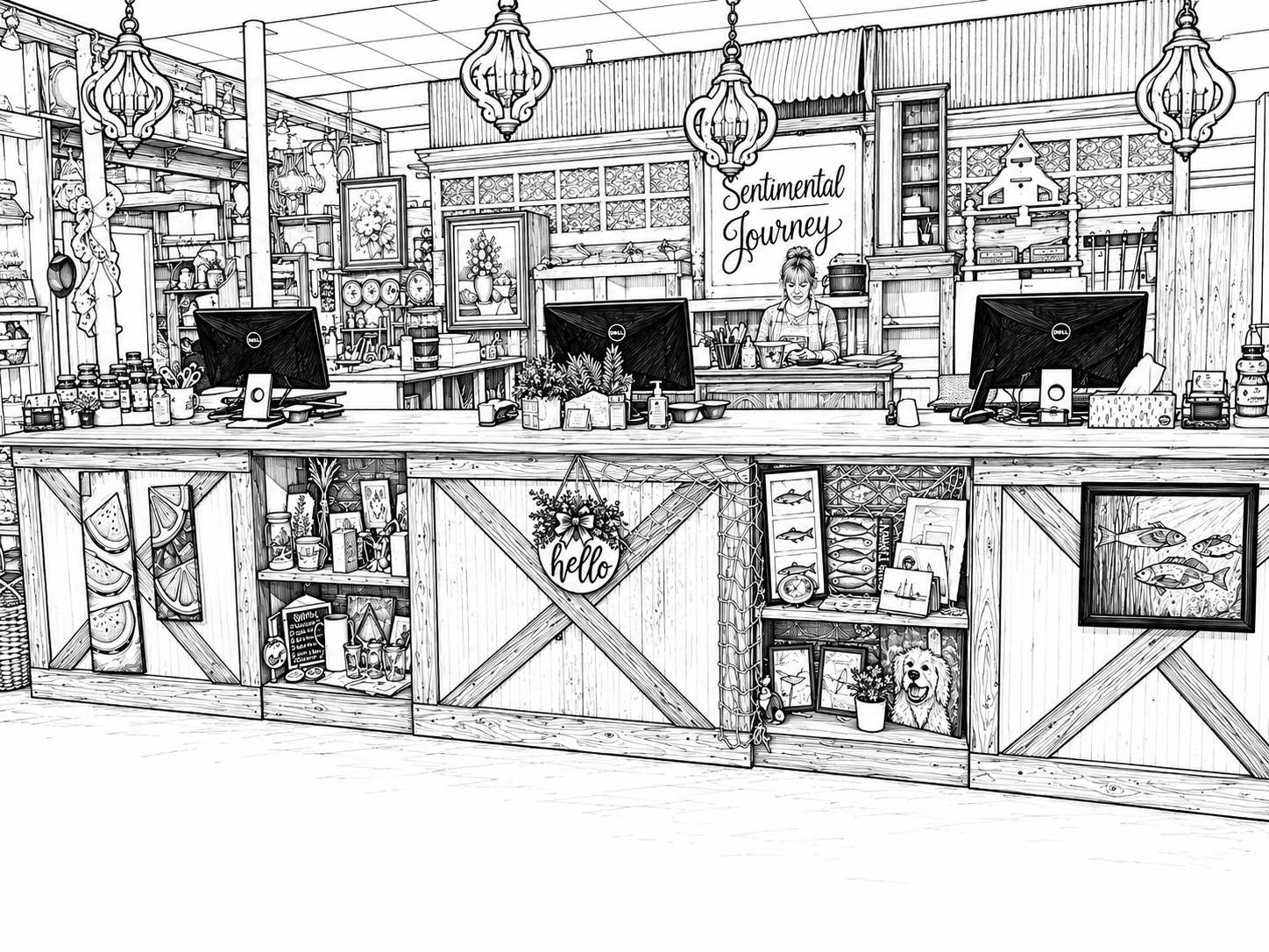 Black-and-white line drawing of the checkout counter inside Sentimental Journey Marketplace