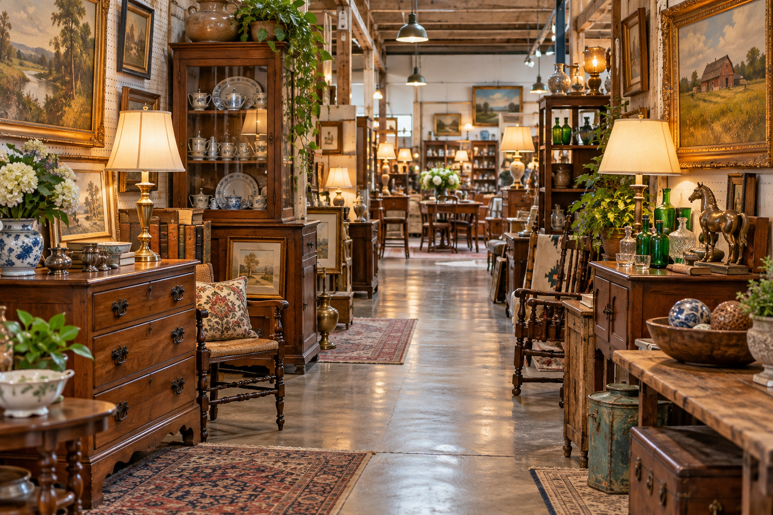 Vintage treasures inside an inviting antique marketplace
